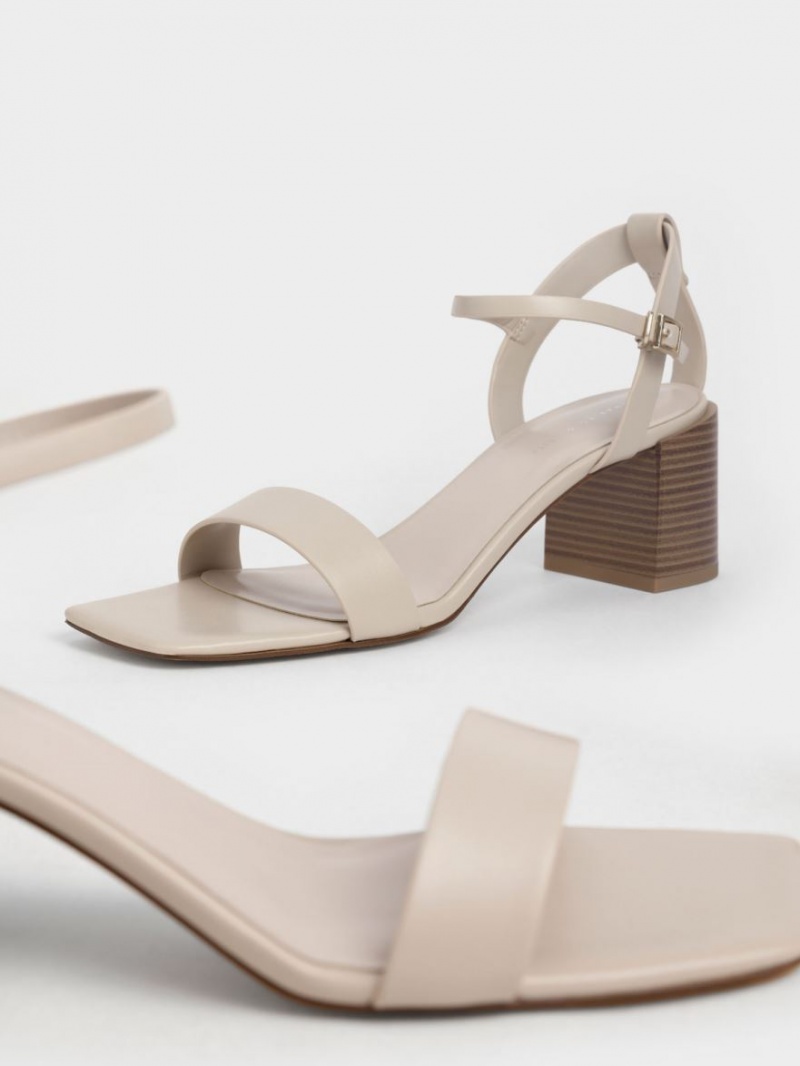 Sandale cu Toc Charles & Keith Ankle Curea Stacked Bej | 329SRGKEU