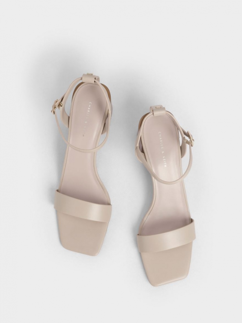 Sandale cu Toc Charles & Keith Ankle Curea Stacked Bej | 329SRGKEU
