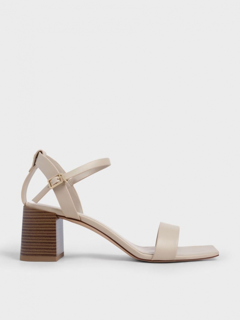 Sandale cu Toc Charles & Keith Ankle Curea Stacked Bej | 329SRGKEU