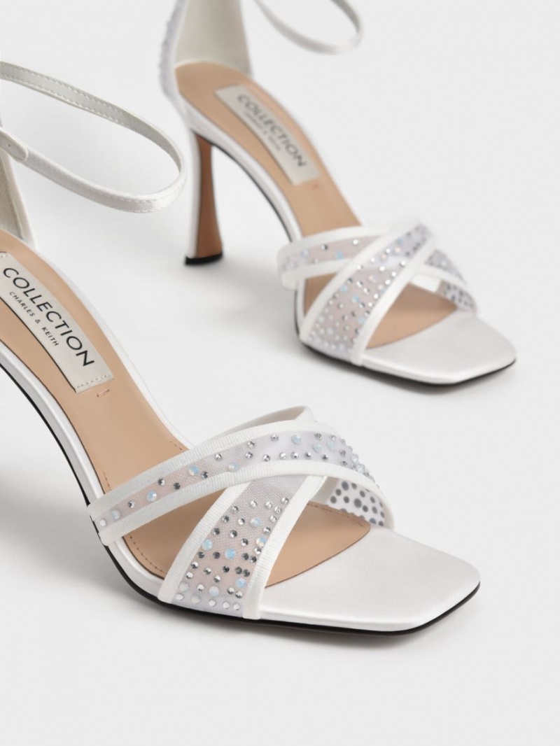 Sandale cu Toc Charles & Keith Blythe Mesh & Satin Embellished Albi | 542YBCAOT