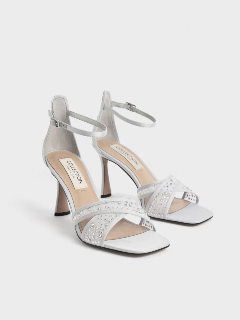 Sandale cu Toc Charles & Keith Blythe Mesh & Satin Embellished Argintii | 359MFZPTV