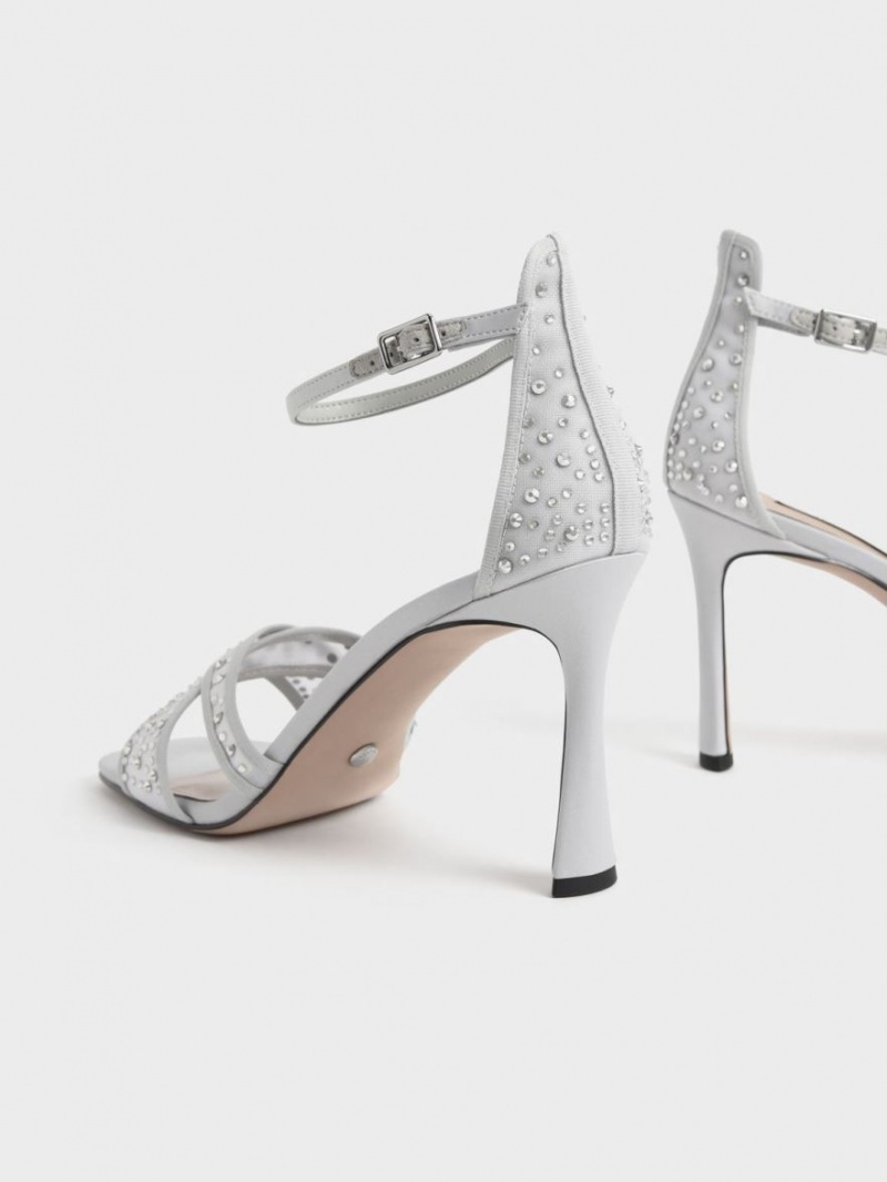 Sandale cu Toc Charles & Keith Blythe Mesh & Satin Embellished Argintii | 359MFZPTV