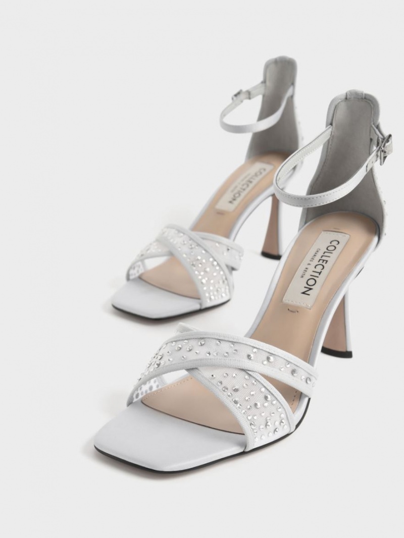 Sandale cu Toc Charles & Keith Blythe Mesh & Satin Embellished Argintii | 359MFZPTV
