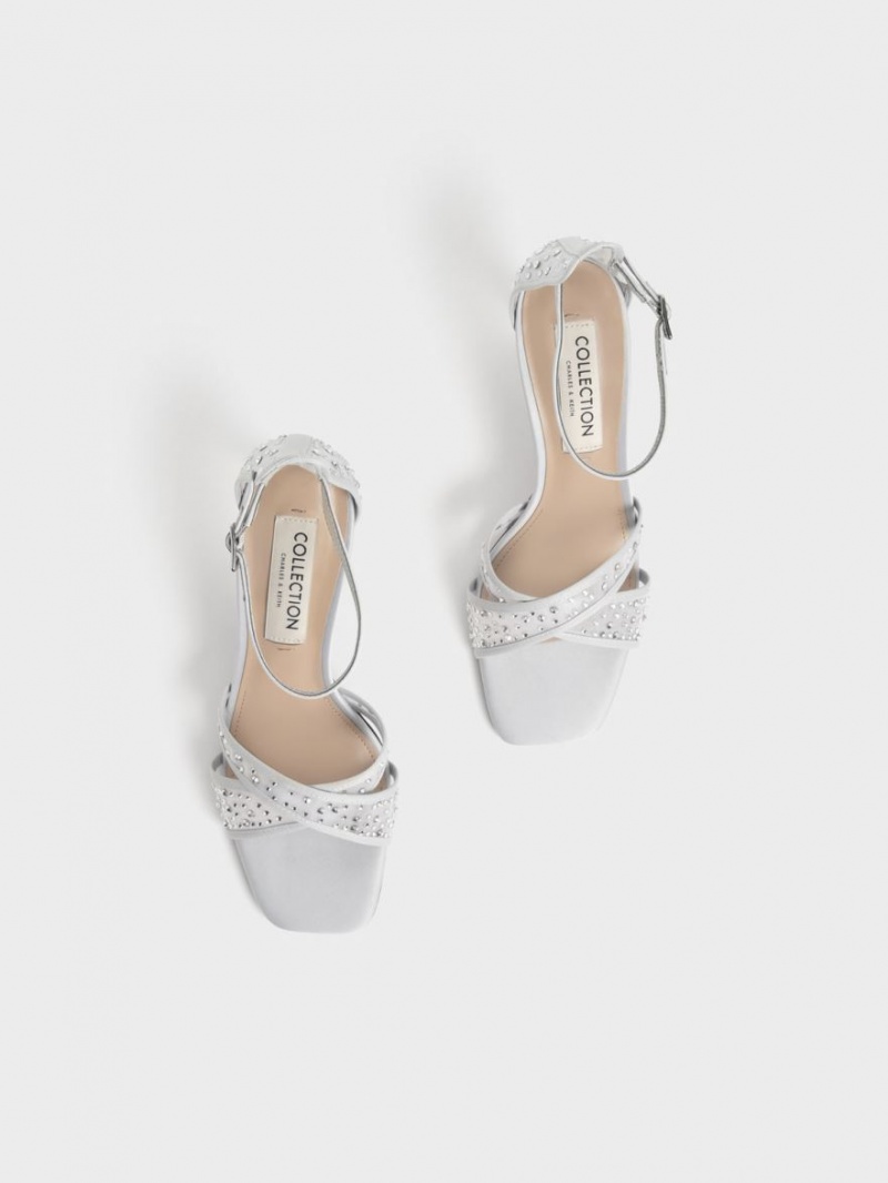 Sandale cu Toc Charles & Keith Blythe Mesh & Satin Embellished Argintii | 359MFZPTV