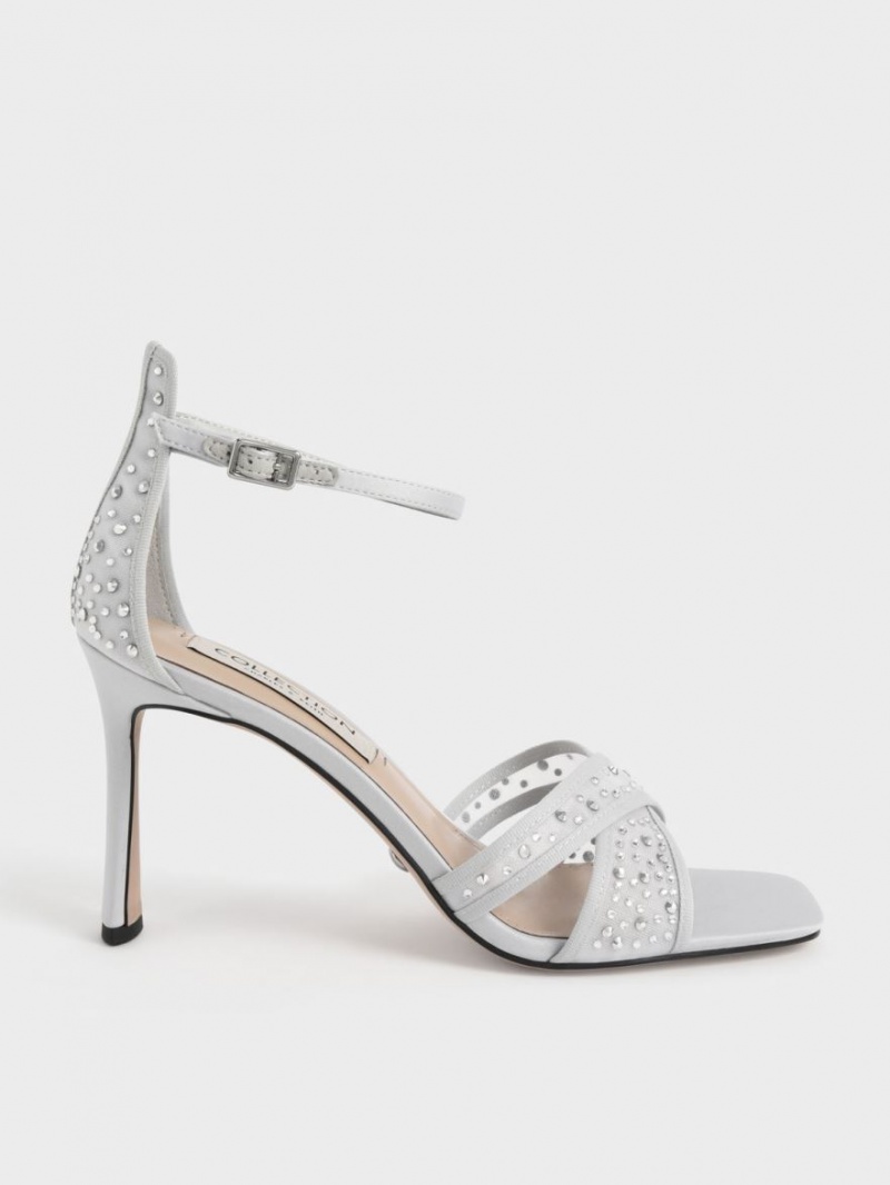 Sandale cu Toc Charles & Keith Blythe Mesh & Satin Embellished Argintii | 359MFZPTV