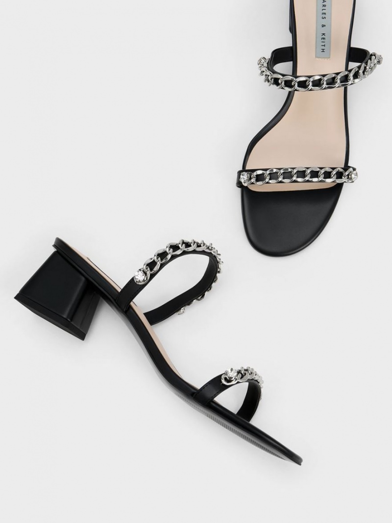 Sandale cu Toc Charles & Keith Chain-Link Block Negrii | 107DUPFZV