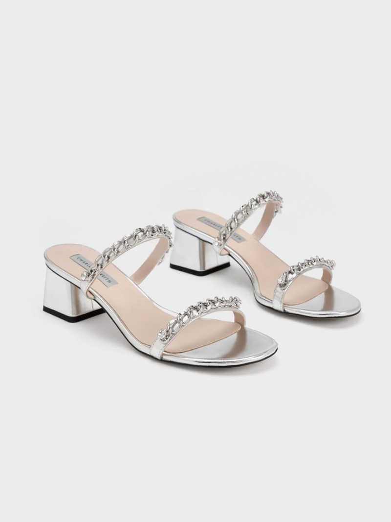 Sandale cu Toc Charles & Keith Chain-Link Block Argintii | 374FYPVJU