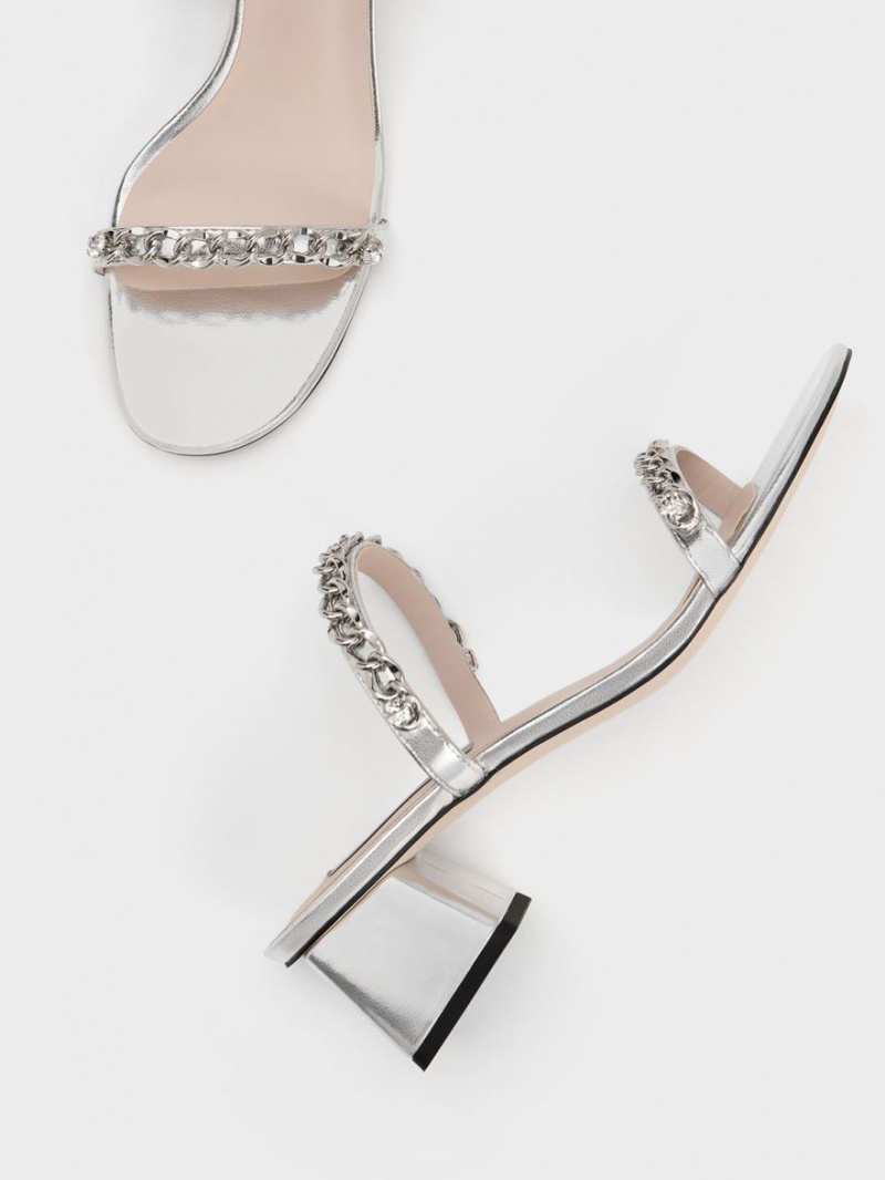 Sandale cu Toc Charles & Keith Chain-Link Block Argintii | 374FYPVJU