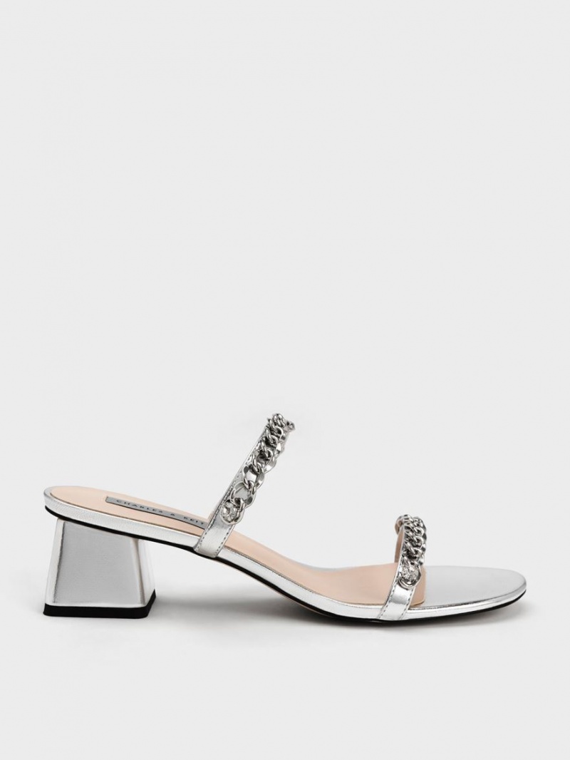 Sandale cu Toc Charles & Keith Chain-Link Block Argintii | 374FYPVJU