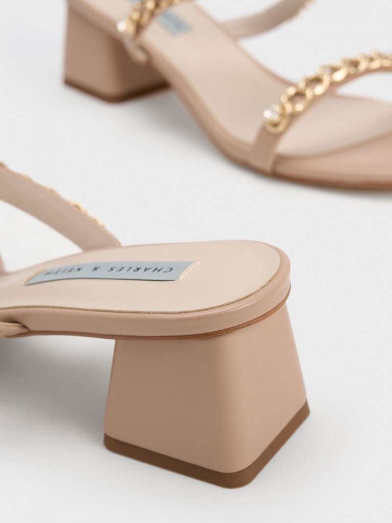 Sandale cu Toc Charles & Keith Chain-Link Block Bej | 253CJDUYX