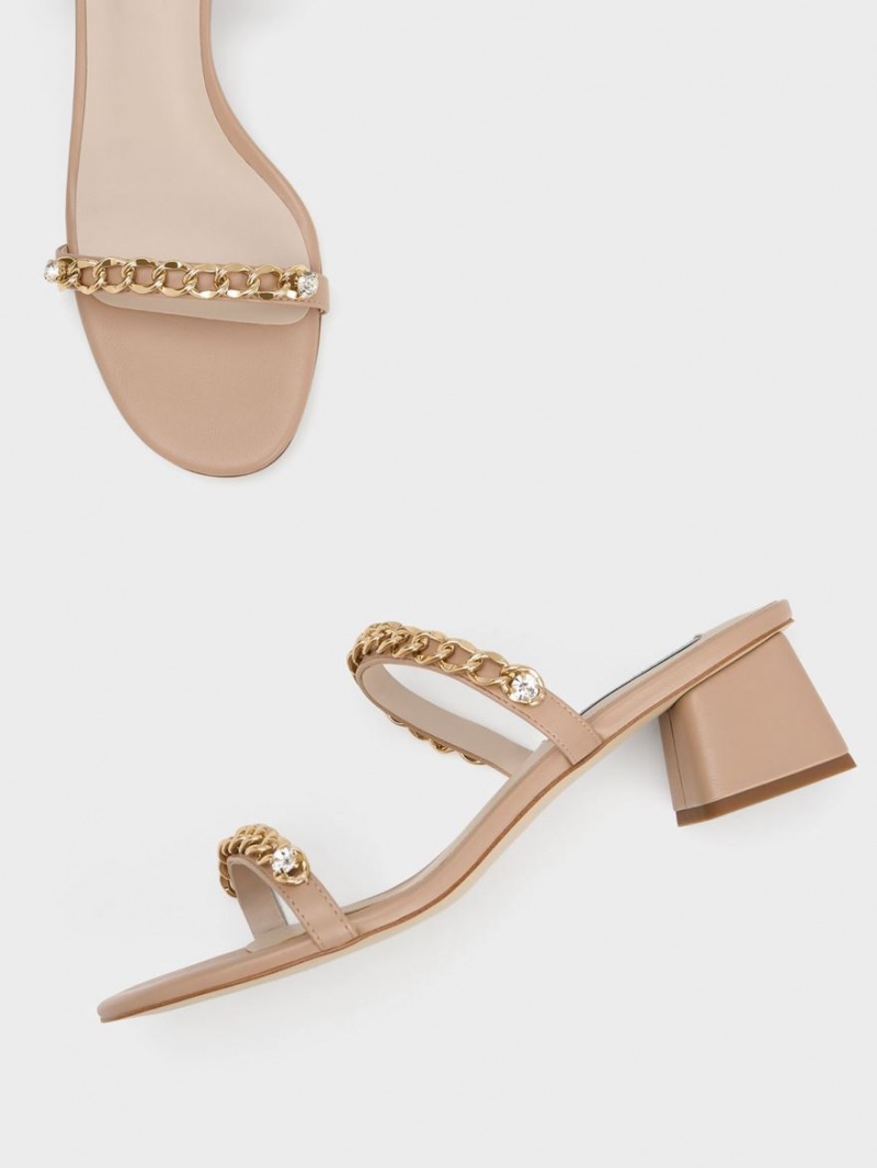 Sandale cu Toc Charles & Keith Chain-Link Block Bej | 253CJDUYX