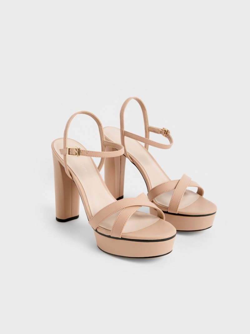 Sandale cu Toc Charles & Keith Crossover Platforma Bej | 917CEGHMW