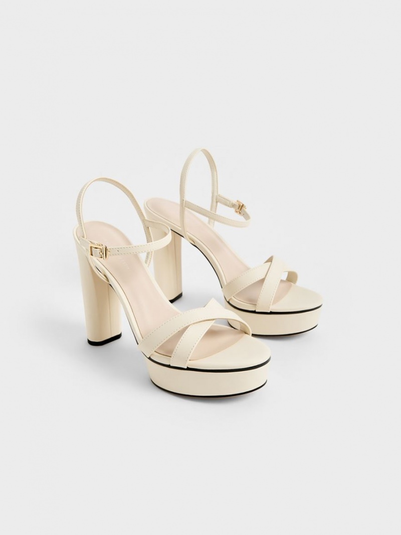Sandale cu Toc Charles & Keith Crossover Platforma Albi | 028HCWSEQ