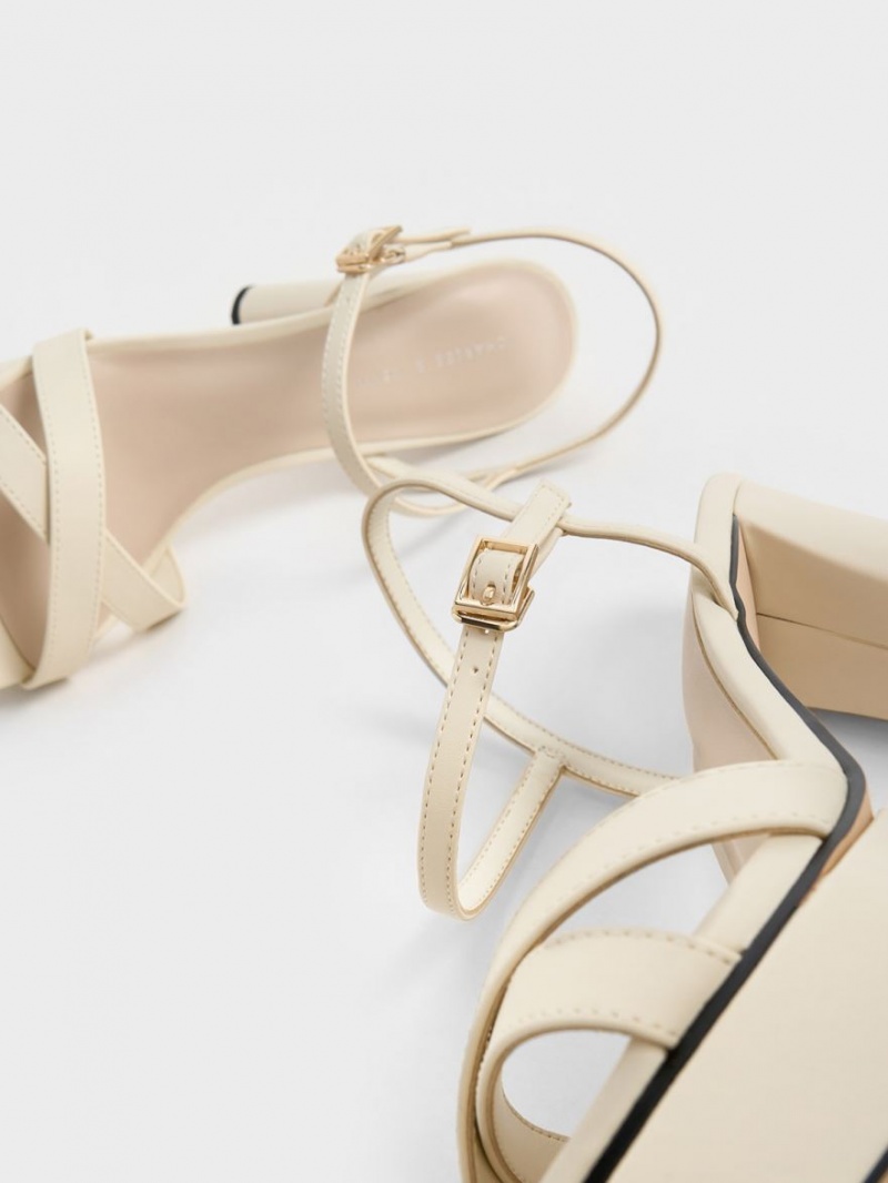 Sandale cu Toc Charles & Keith Crossover Platforma Albi | 028HCWSEQ