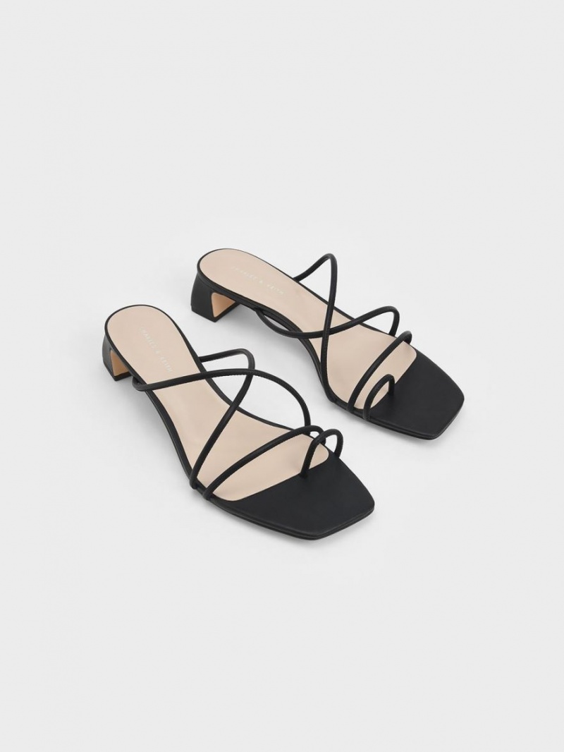 Sandale cu Toc Charles & Keith Cu Bretele Bombeu Ring Negrii | 094WPRFGJ