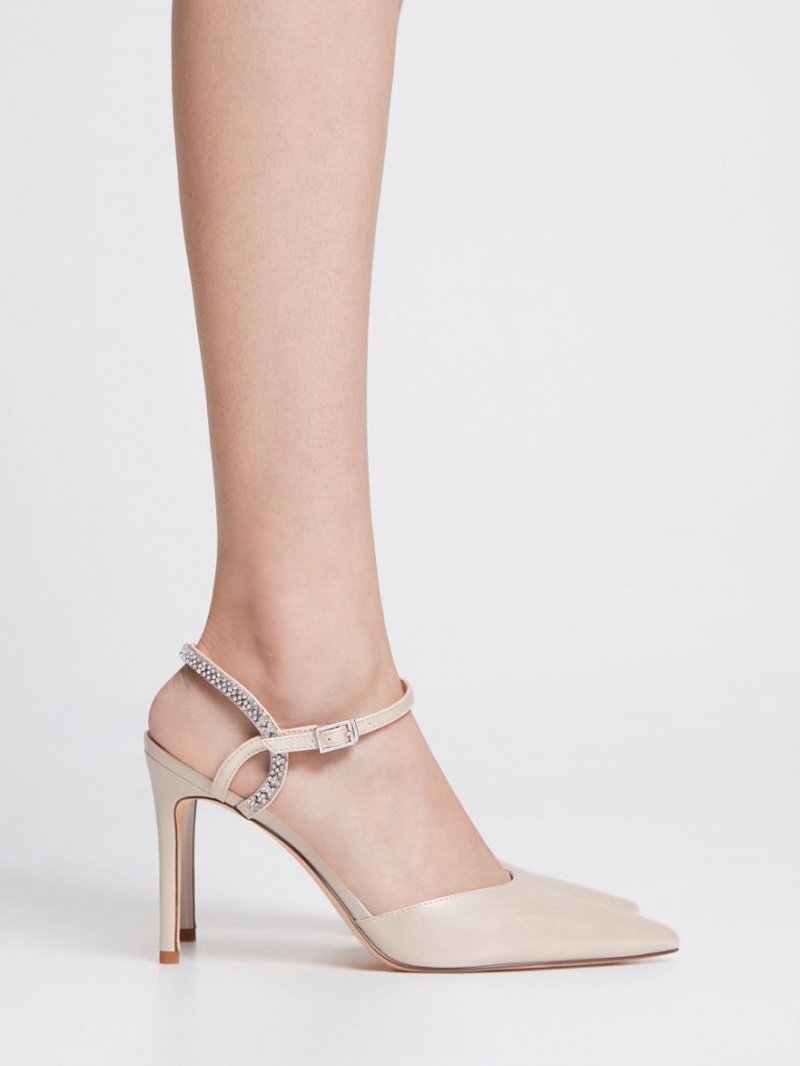 Sandale cu Toc Charles & Keith Embellished Back Curea Bej | 392XUTPBZ