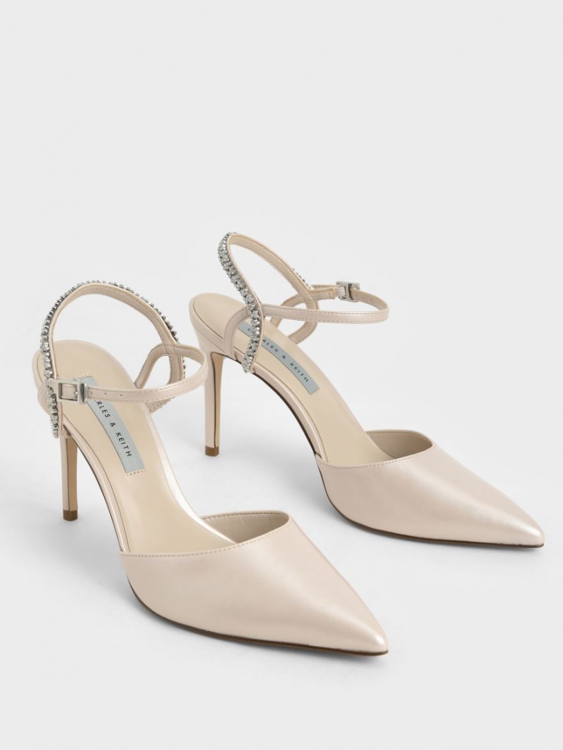Sandale cu Toc Charles & Keith Embellished Back Curea Bej | 392XUTPBZ