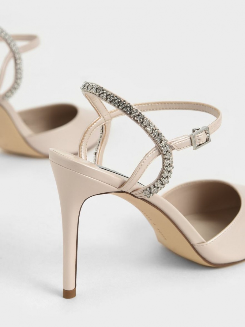 Sandale cu Toc Charles & Keith Embellished Back Curea Bej | 392XUTPBZ