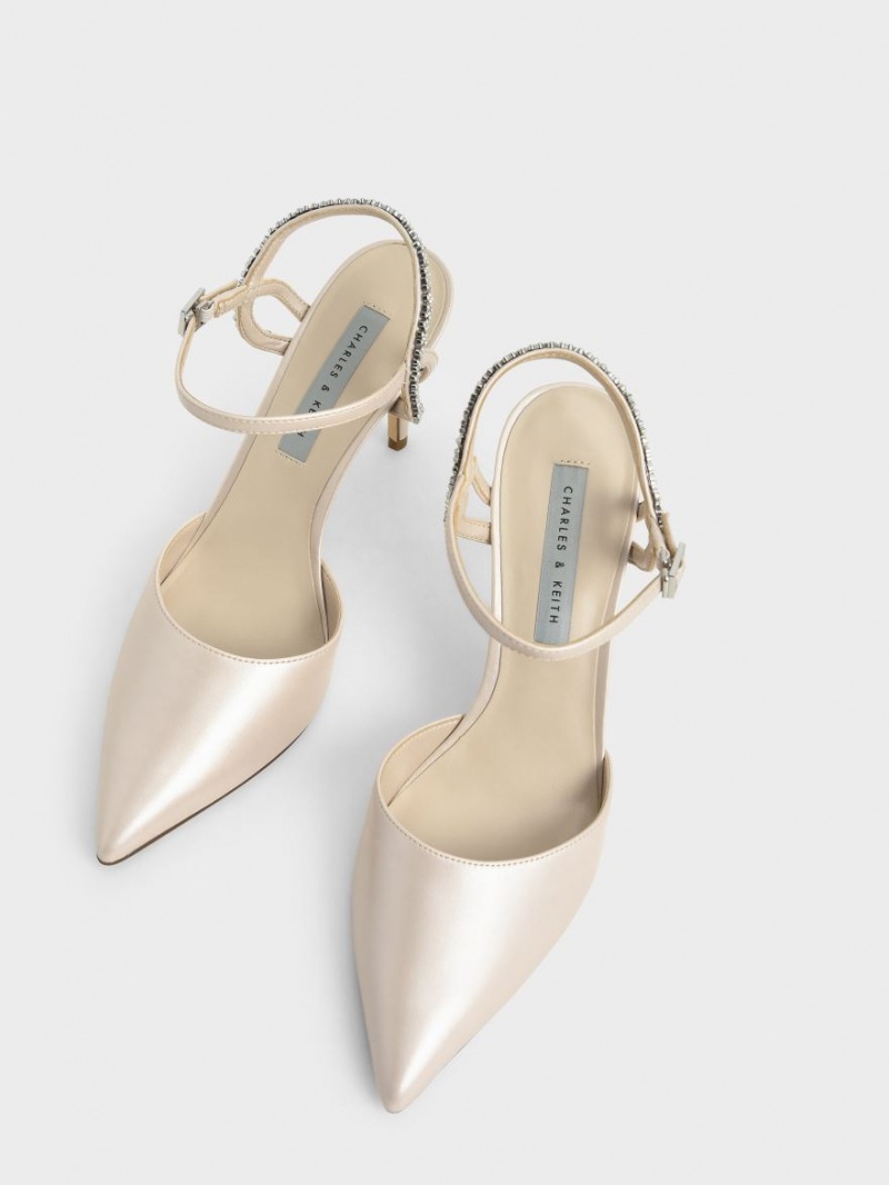Sandale cu Toc Charles & Keith Embellished Back Curea Bej | 392XUTPBZ