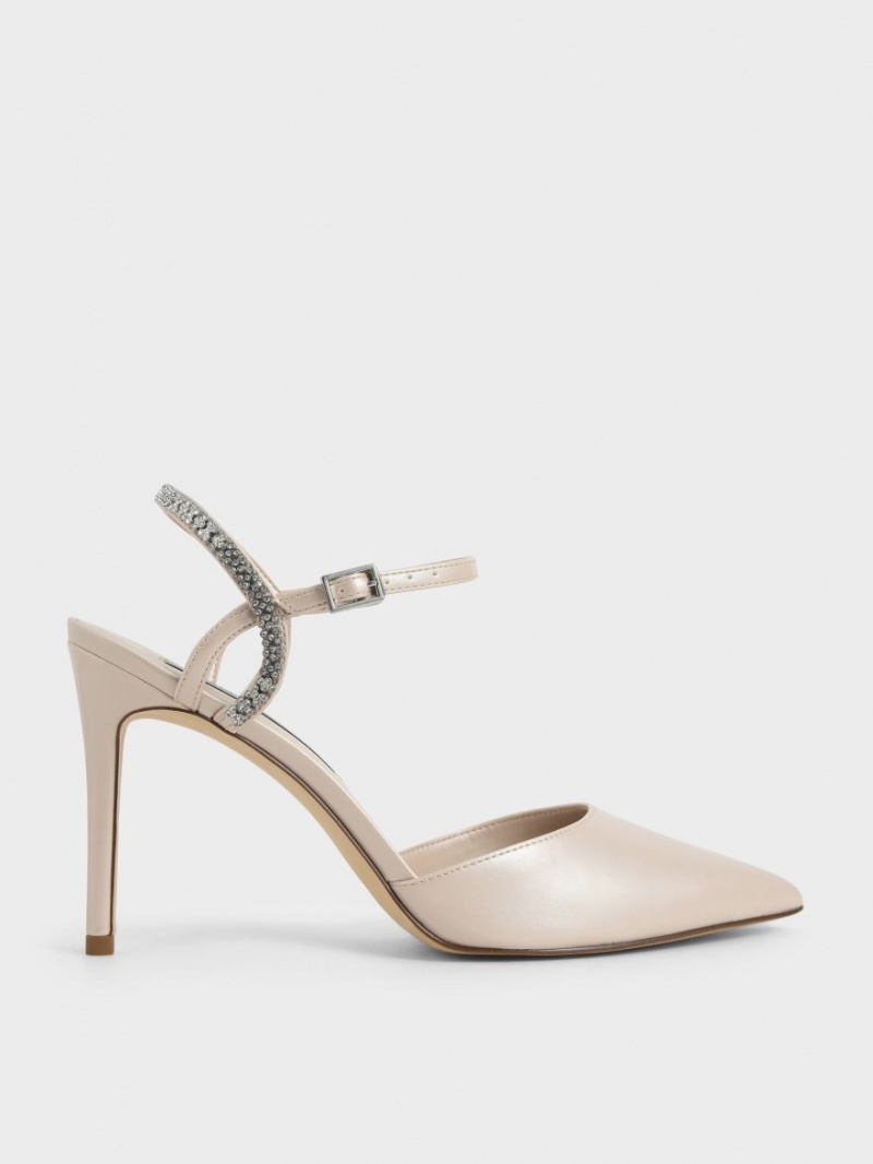 Sandale cu Toc Charles & Keith Embellished Back Curea Bej | 392XUTPBZ