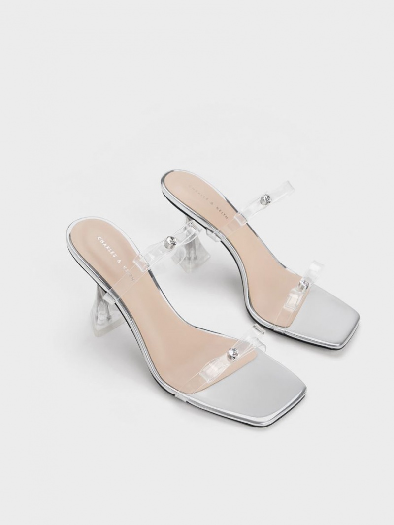 Sandale cu Toc Charles & Keith Embellished Bow See-Through Argintii | 175FUBAGW
