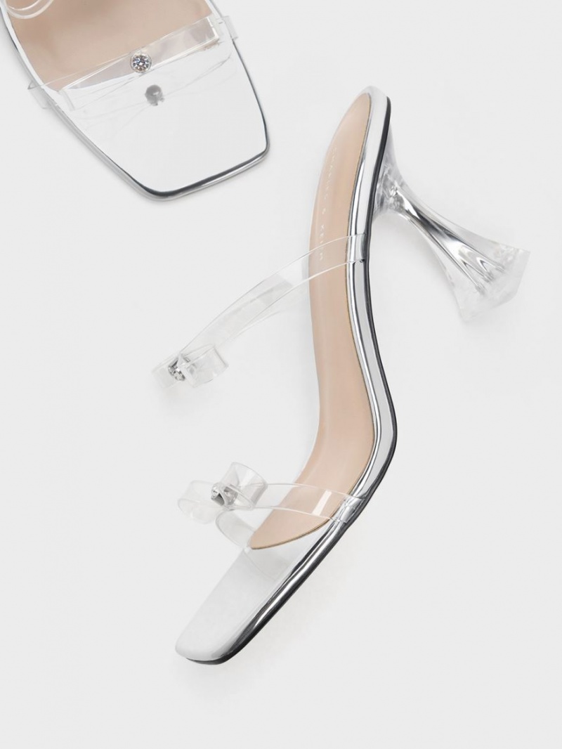 Sandale cu Toc Charles & Keith Embellished Bow See-Through Argintii | 175FUBAGW