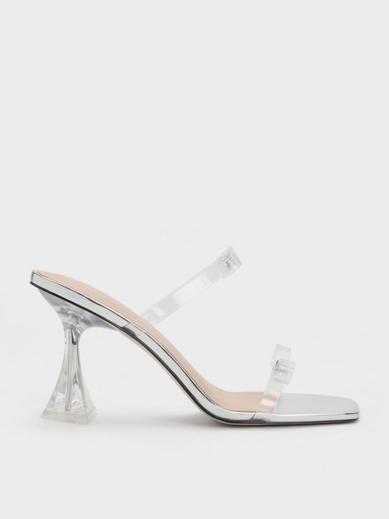 Sandale cu Toc Charles & Keith Embellished Bow See-Through Argintii | 175FUBAGW