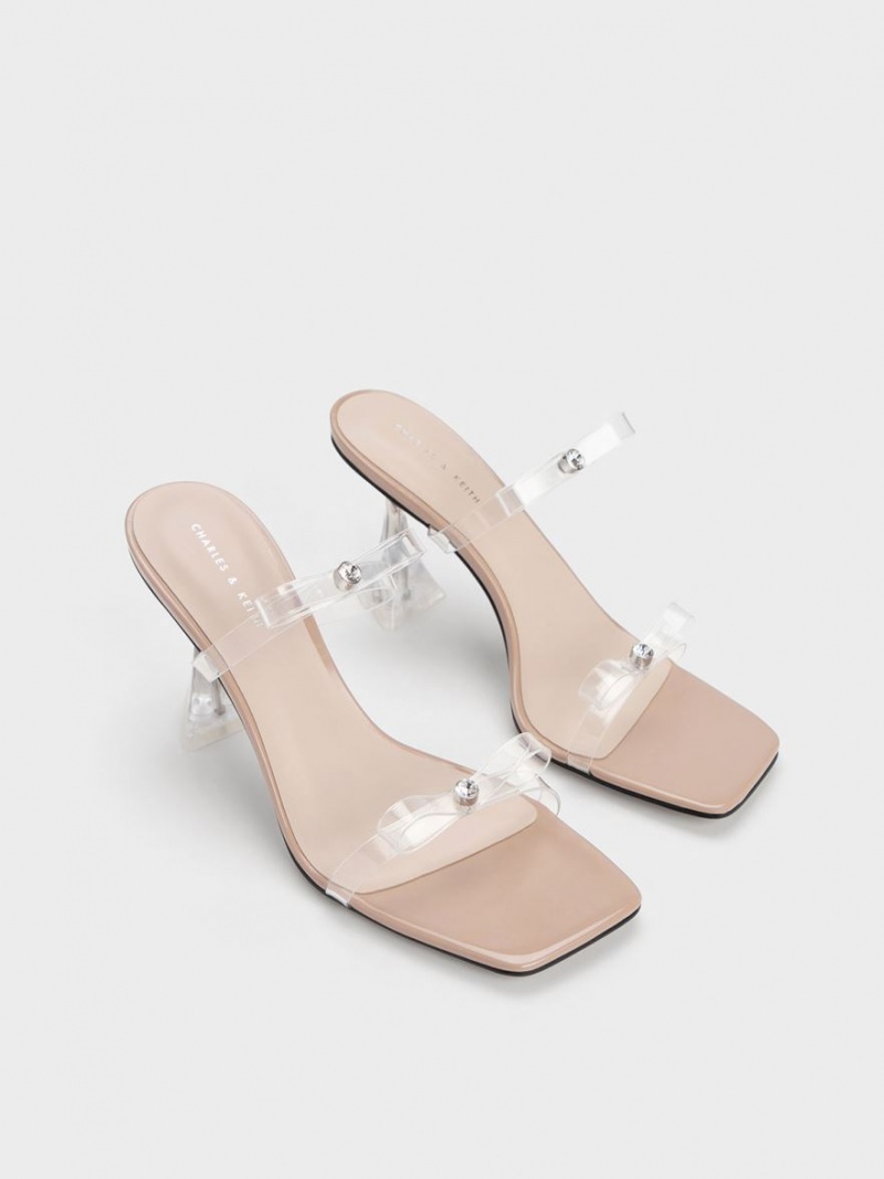 Sandale cu Toc Charles & Keith Embellished Bow See-Through Bej | 760PNFCXH