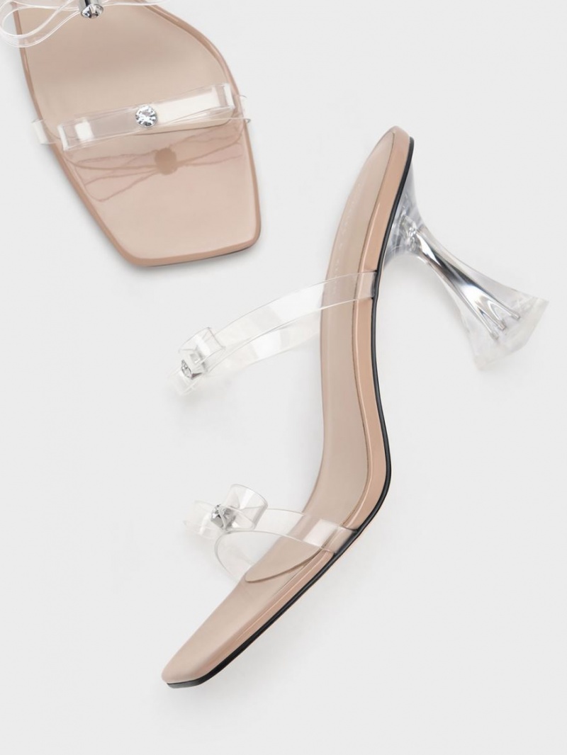 Sandale cu Toc Charles & Keith Embellished Bow See-Through Bej | 760PNFCXH