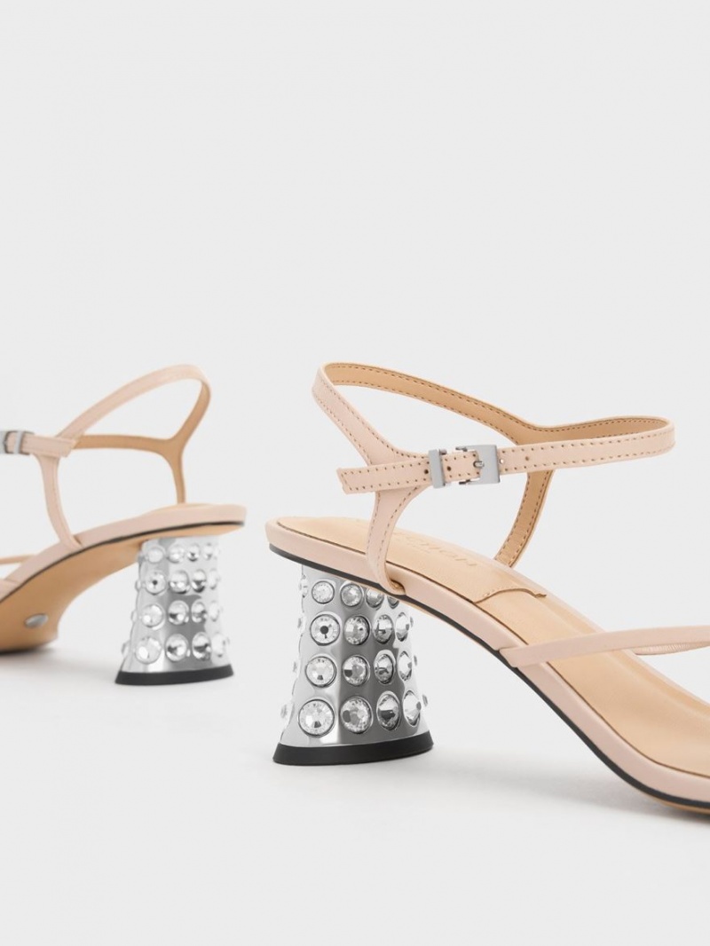 Sandale cu Toc Charles & Keith Embellished Heel Piele Bej | 540QFHVGT