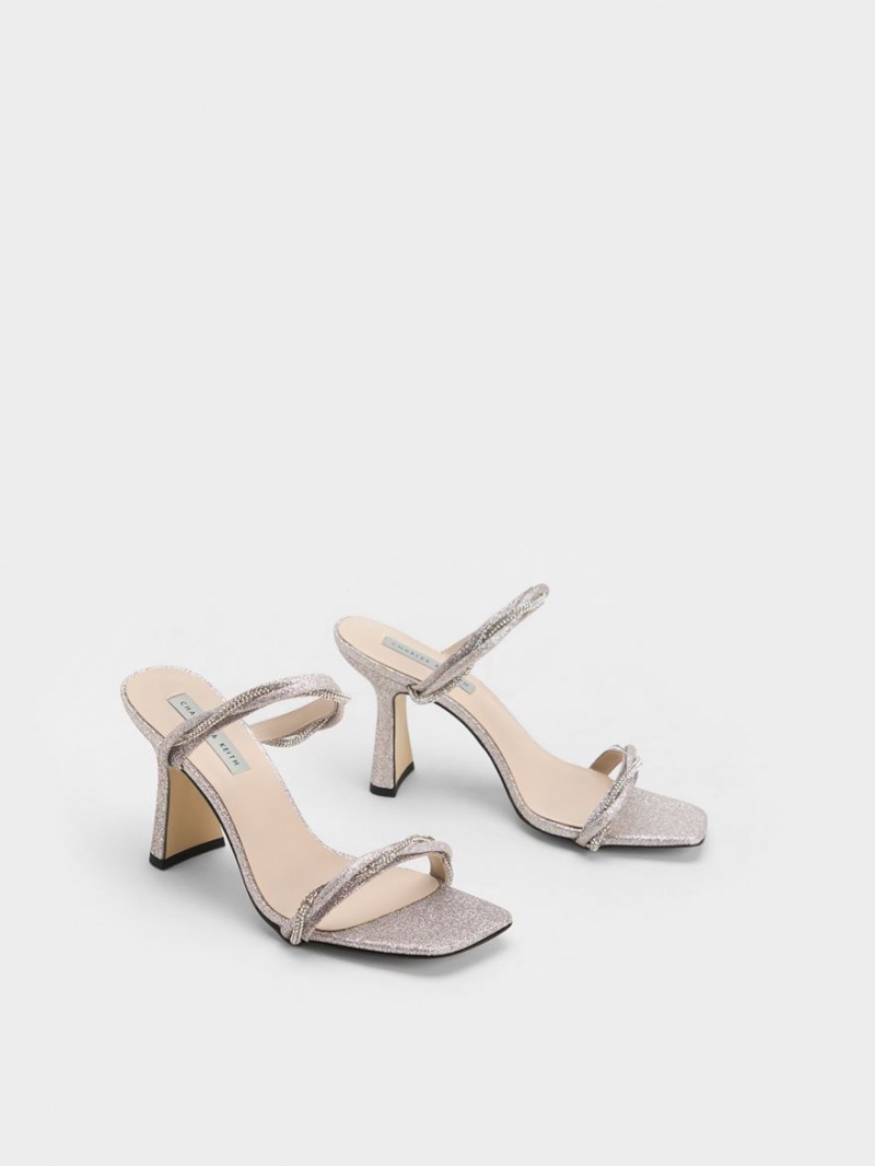 Sandale cu Toc Charles & Keith Embellished Twisted Curea Glittered Argintii | 684ISKCVN