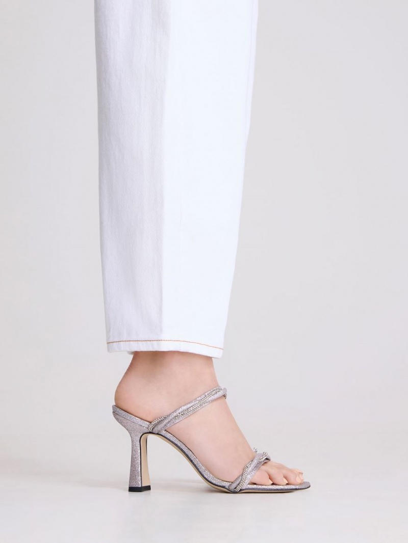 Sandale cu Toc Charles & Keith Embellished Twisted Curea Glittered Argintii | 684ISKCVN