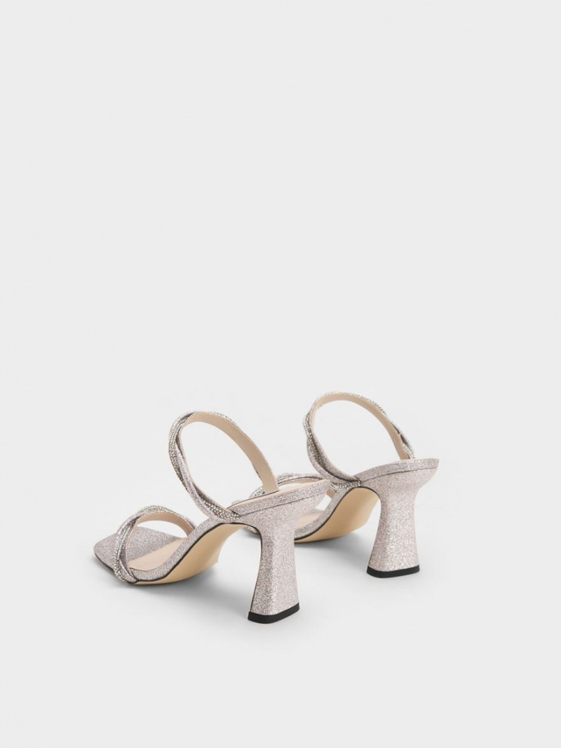 Sandale cu Toc Charles & Keith Embellished Twisted Curea Glittered Argintii | 684ISKCVN