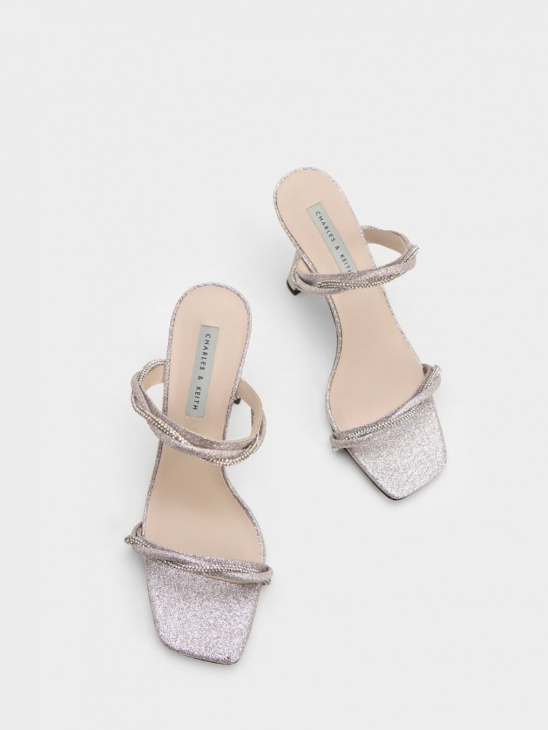 Sandale cu Toc Charles & Keith Embellished Twisted Curea Glittered Argintii | 684ISKCVN