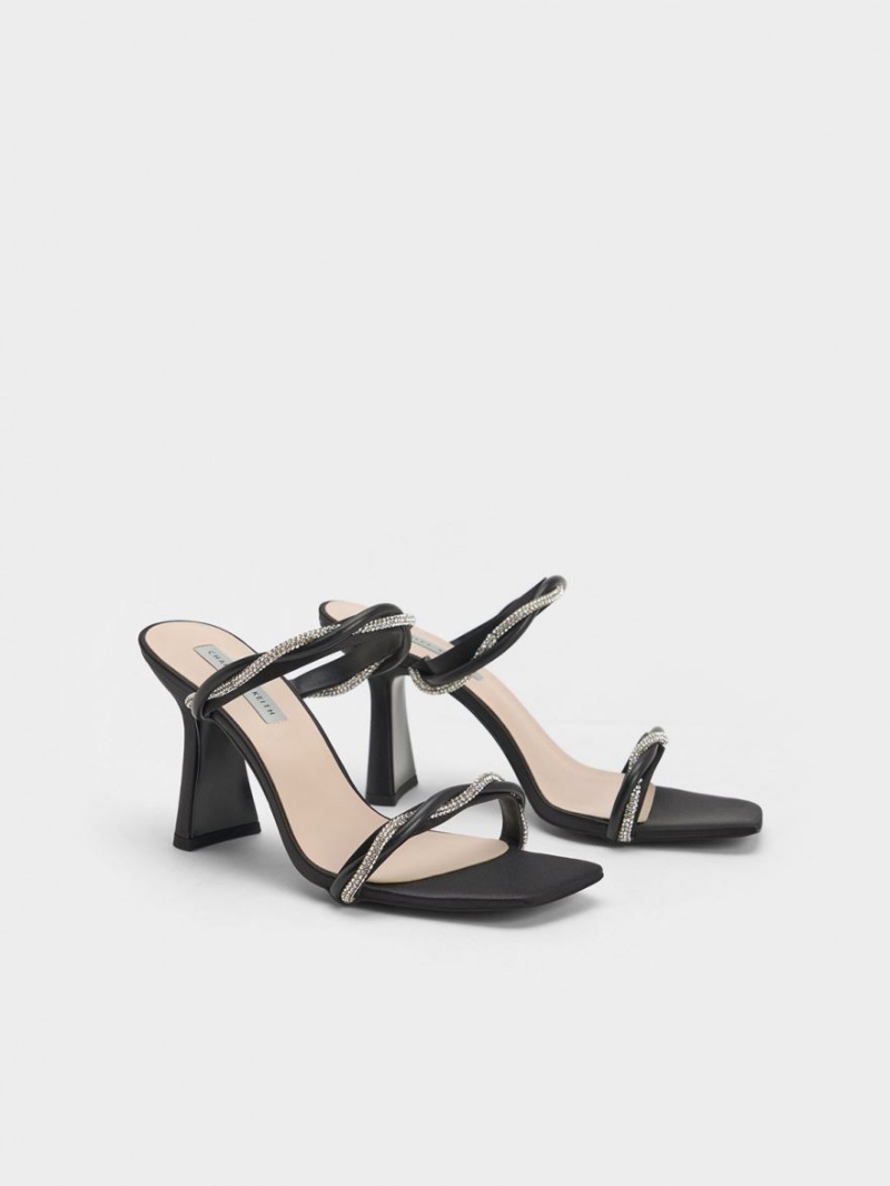 Sandale cu Toc Charles & Keith Embellished Twisted Curea Satin Negrii | 476LINTHD