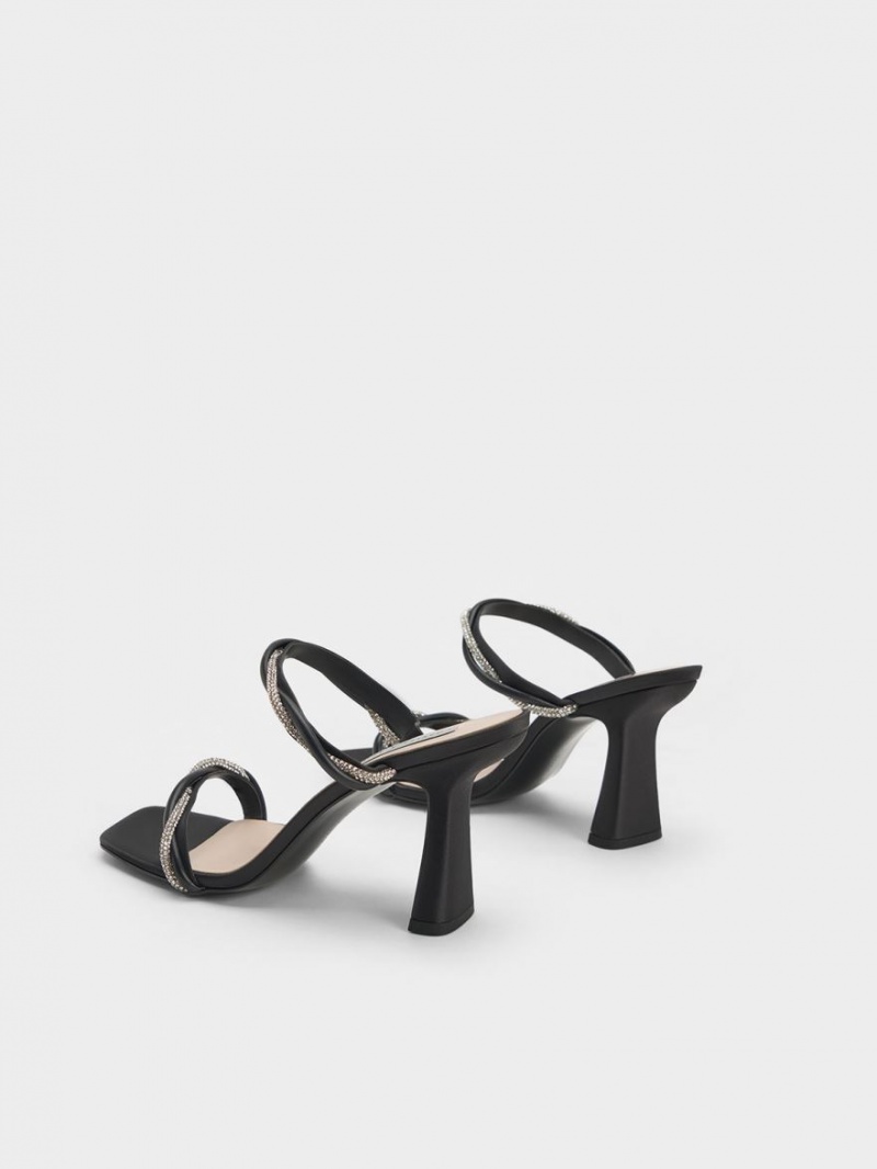 Sandale cu Toc Charles & Keith Embellished Twisted Curea Satin Negrii | 476LINTHD