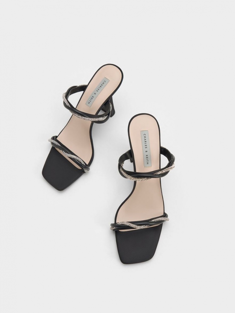 Sandale cu Toc Charles & Keith Embellished Twisted Curea Satin Negrii | 476LINTHD