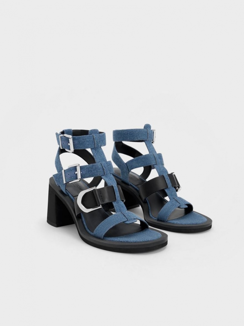 Sandale cu Toc Charles & Keith Gabine Denim Gladiator Albastri | 861RGPYAZ