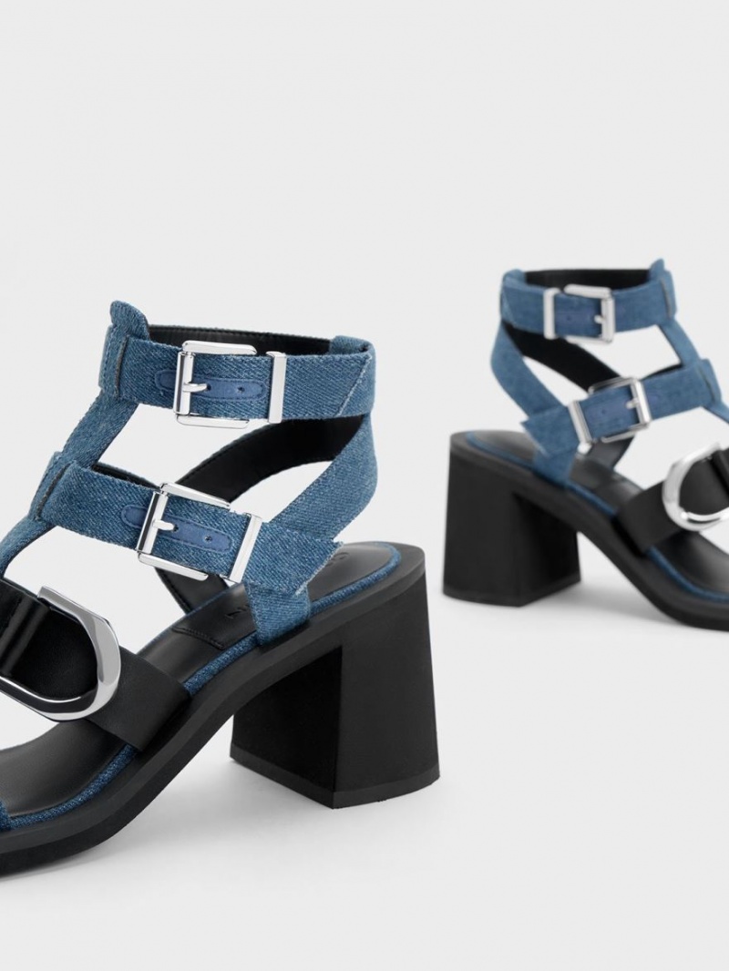 Sandale cu Toc Charles & Keith Gabine Denim Gladiator Albastri | 861RGPYAZ