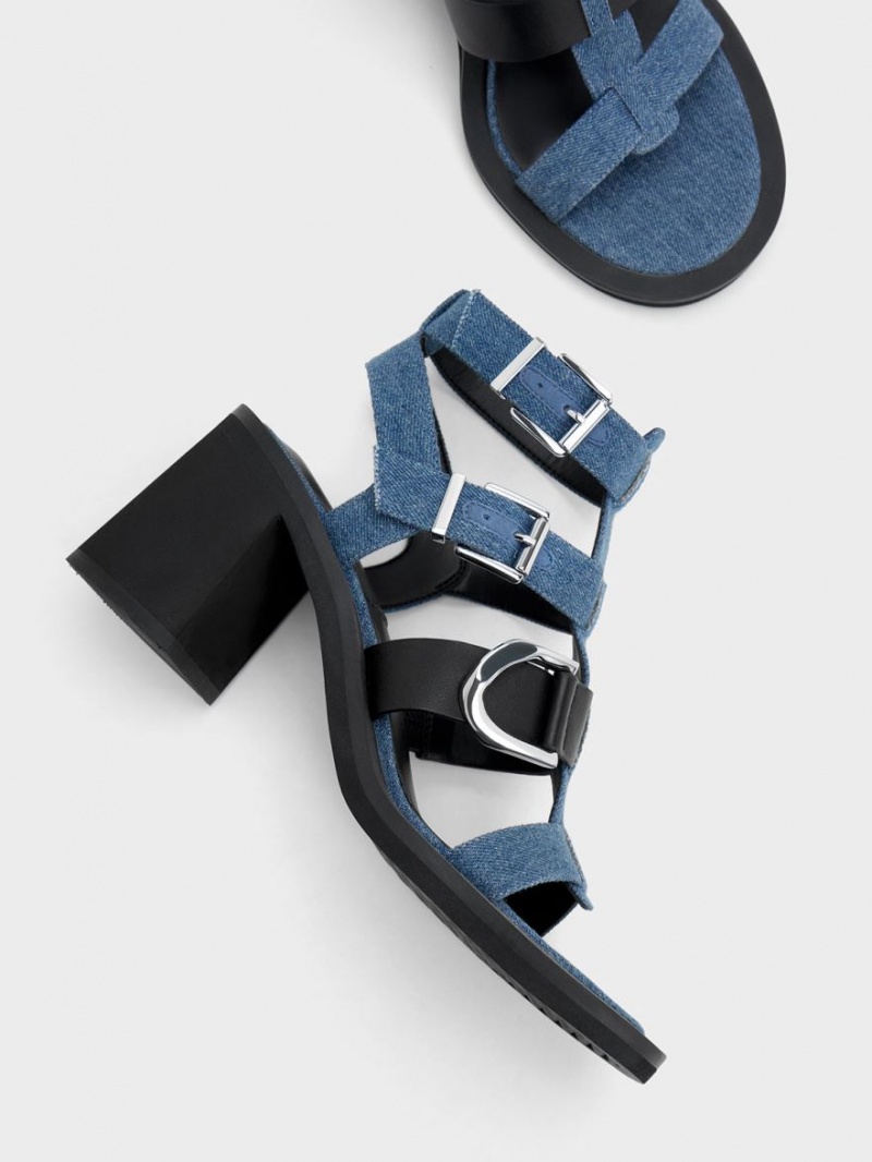 Sandale cu Toc Charles & Keith Gabine Denim Gladiator Albastri | 861RGPYAZ