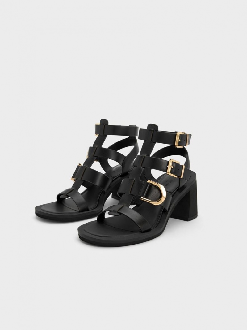 Sandale cu Toc Charles & Keith Gabine Piele Gladiator Negrii | 639BTCKZL