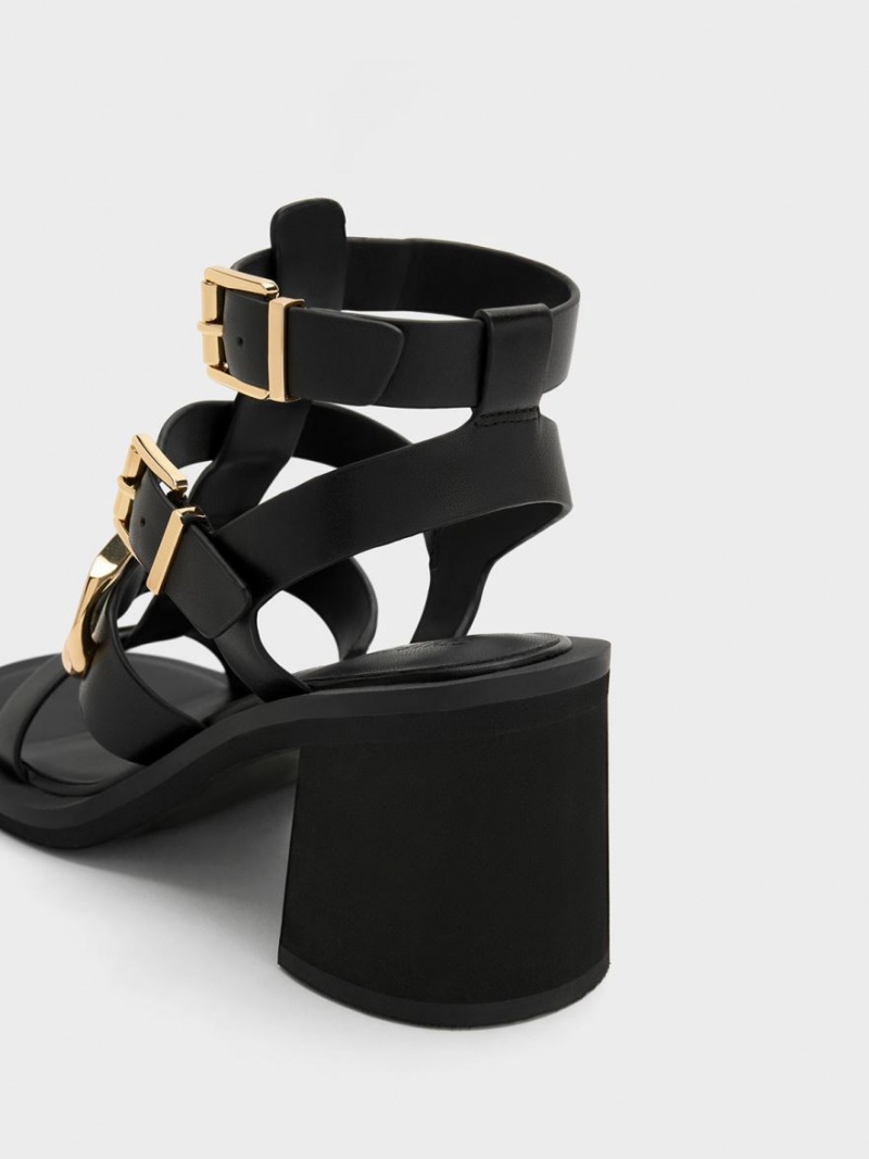 Sandale cu Toc Charles & Keith Gabine Piele Gladiator Negrii | 639BTCKZL