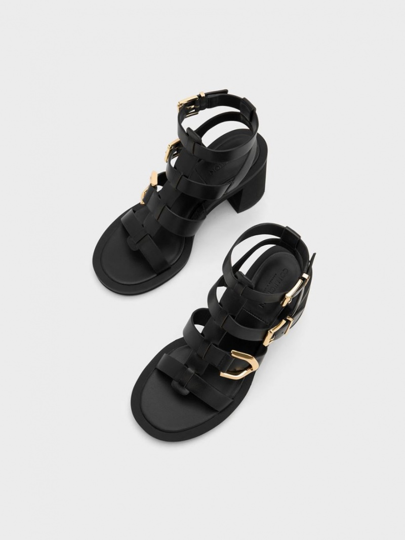 Sandale cu Toc Charles & Keith Gabine Piele Gladiator Negrii | 639BTCKZL