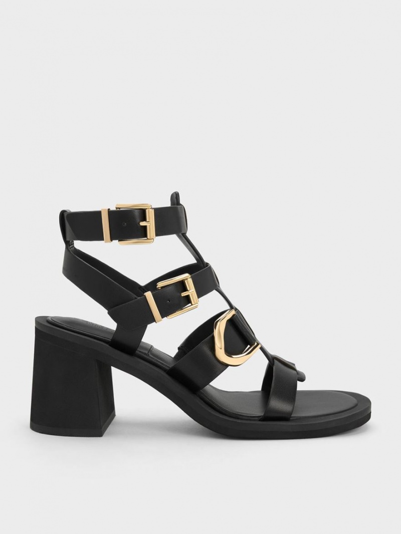 Sandale cu Toc Charles & Keith Gabine Piele Gladiator Negrii | 639BTCKZL