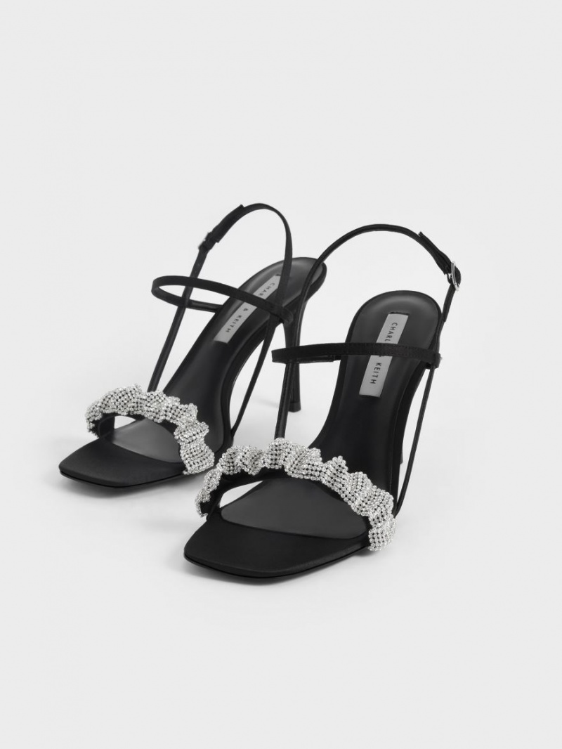 Sandale cu Toc Charles & Keith Gem-Embellished Satin Stiletto Negrii | 561AVZRLX