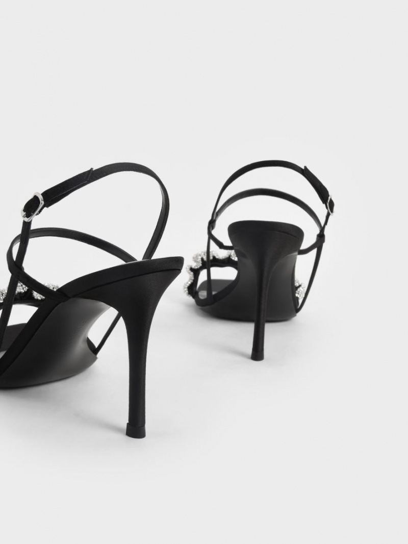 Sandale cu Toc Charles & Keith Gem-Embellished Satin Stiletto Negrii | 561AVZRLX
