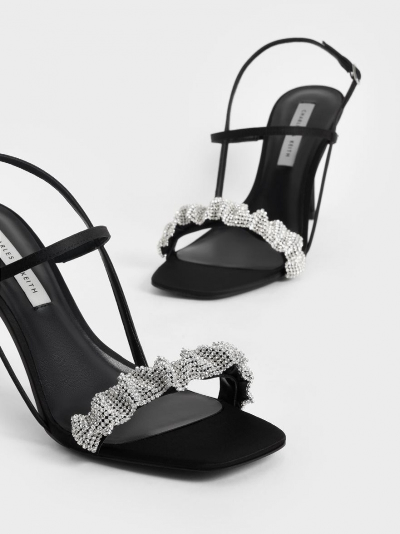 Sandale cu Toc Charles & Keith Gem-Embellished Satin Stiletto Negrii | 561AVZRLX