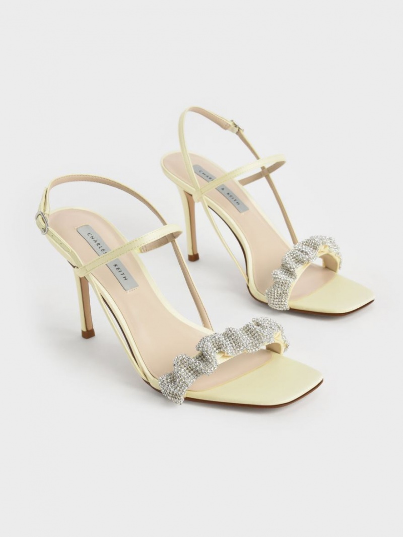 Sandale cu Toc Charles & Keith Gem-Embellished Satin Stiletto Galbeni | 140ZXNWPK