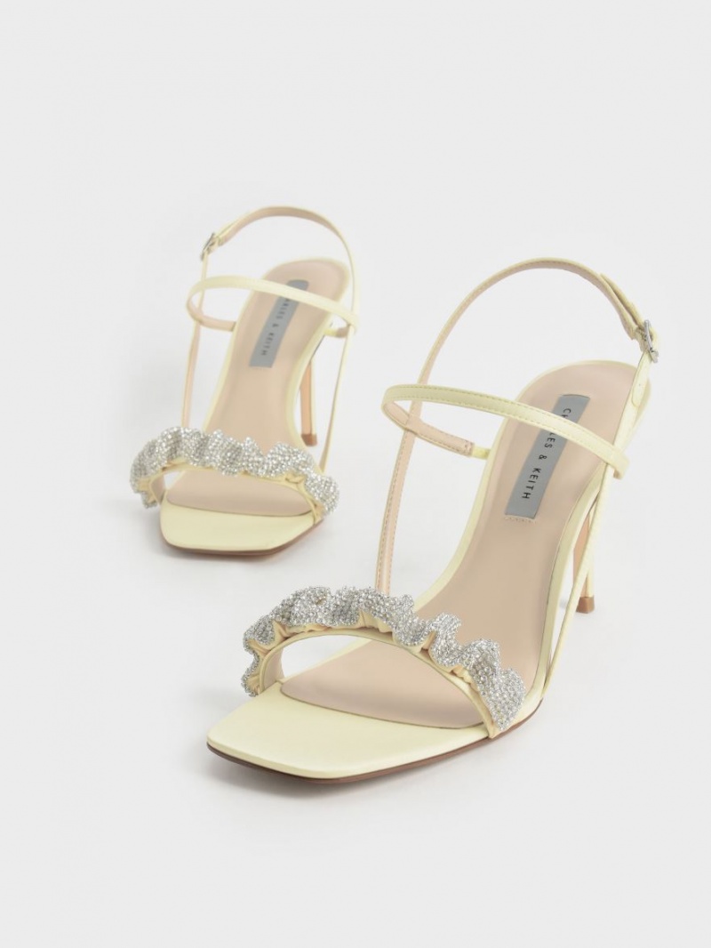 Sandale cu Toc Charles & Keith Gem-Embellished Satin Stiletto Galbeni | 140ZXNWPK