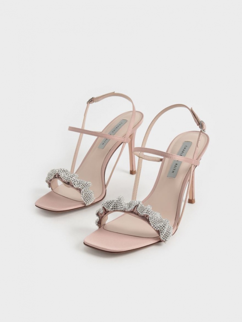Sandale cu Toc Charles & Keith Gem-Embellished Satin Stiletto Roz | 438KQMPTD
